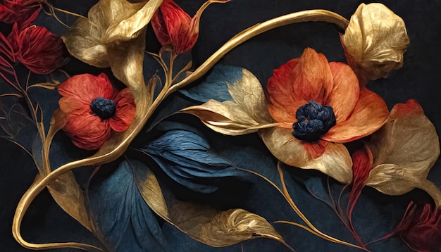 ルネッサンス様式のエレガントな花の背景 レトロなフラワー アート デザイン 3 D デジタル イラストレーション
