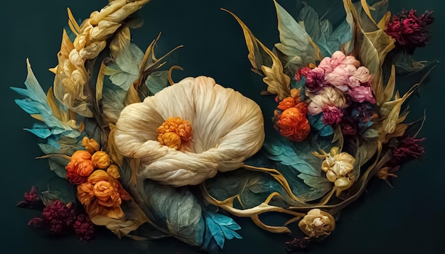 Elegant floral background in Renaissance style Retro flower art design 3D digital illustration