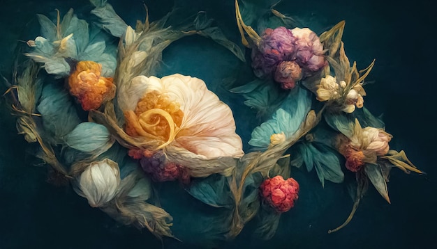 Elegant floral background in Renaissance style Retro flower art design 3D digital illustration