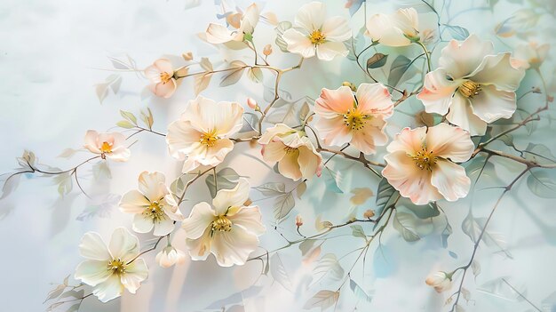 An elegant floral background in soft pastel colors Delicate cream and pink flowers with green leaves on a pale blue background