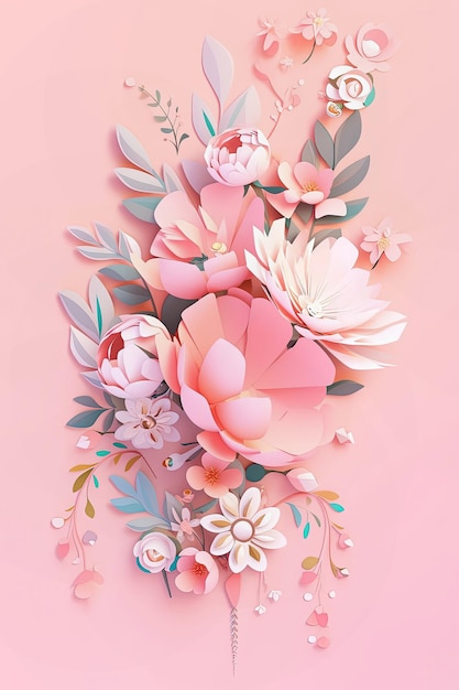 柔らかいピンクの背景に優雅な花の構成