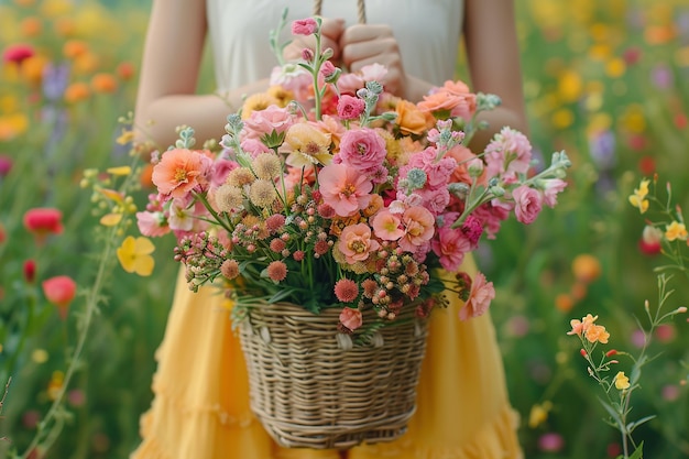 写真 ピンクの花束を飾ったエレガントな花の展示少女
