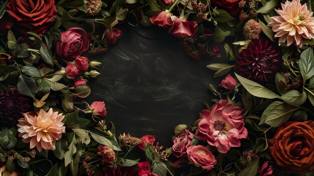 Фото Элегантная цветочная рама с темным центральным копировальным пространством, окруженным пышными цветами