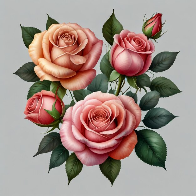 Photo elegant floral set colorful pink rose floral collection with leaves and flowersdrawing watercolor