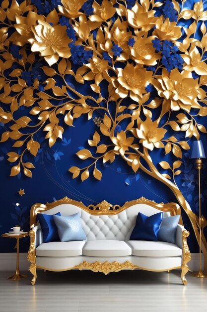 Elegant Flourish A Regal Floral Tree in Gold and Royal Blue