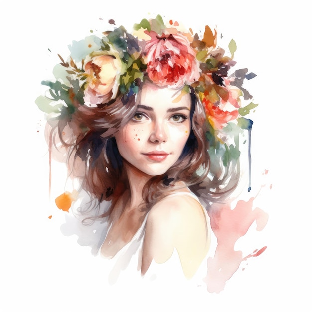 Elegant Flower Crown on White Watercolor Background