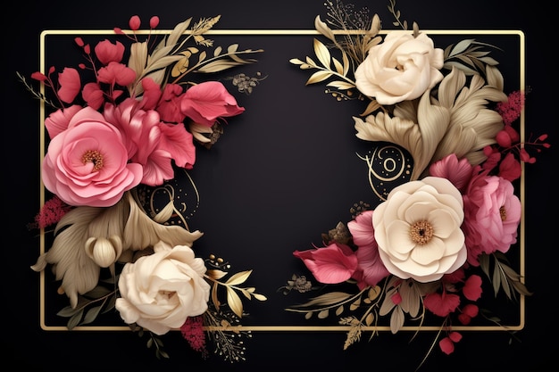 Elegant flower frame on black with copy space