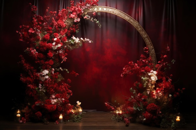 Elegant flower frame on red with copy space