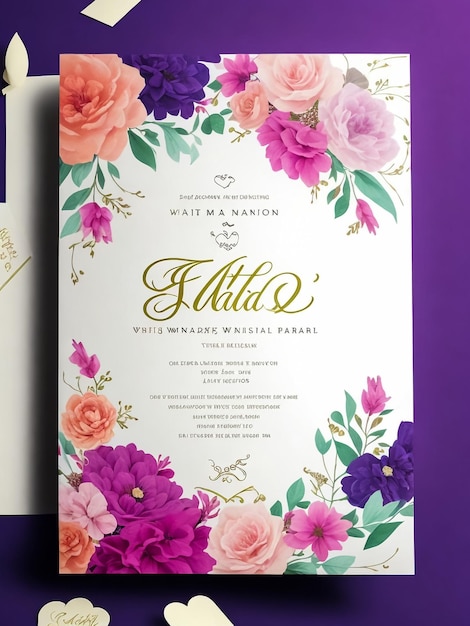 elegant flower and leaves wedding invitation card template