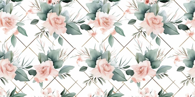 Elegant flower line and watercolor floral seamless pattern