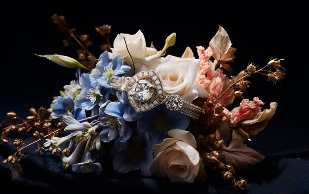 Photo elegant flowers bouquet and engagement rings