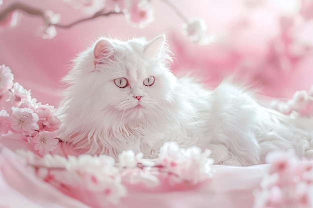 Элегантная пушистая белая кошка лежит среди цветущих розовых вишневых цветов