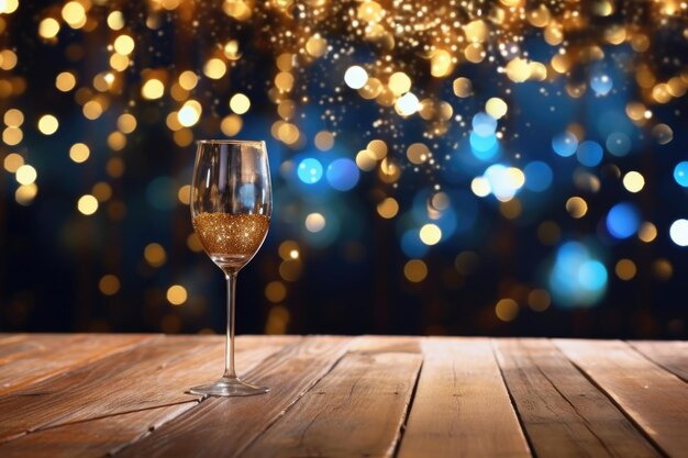 Elegant flute filled with champagne on a rustic wooden background set against the backdrop of dazzling New Year39s lights creating a festive ambiance