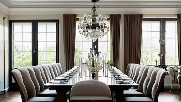 Photo elegant formal dining room with a long dining table and crystal stemware