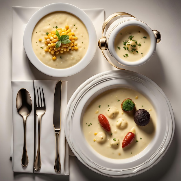 Elegant French Bistro a velvety Corn Chowder kissed with a drizzle of truffle oil ai generative