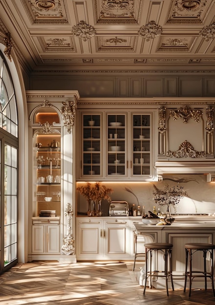 Elegant French country kitchen with ornate details and pastel colors golden hour lighting