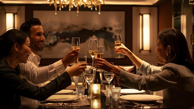 Elegant Friends Toasting in Luxurious Lounge Setting