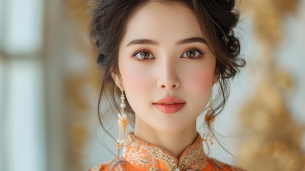 Photo elegant fusion asian woman in opulent traditional attire