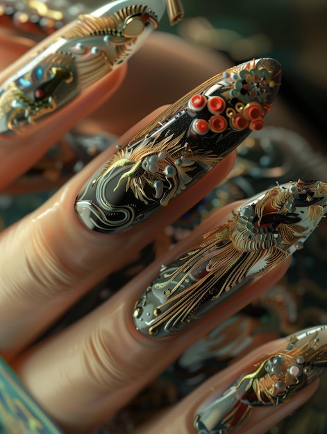 Photo elegant fusion nail art inspired by ancient chinese art with orientalist scenes