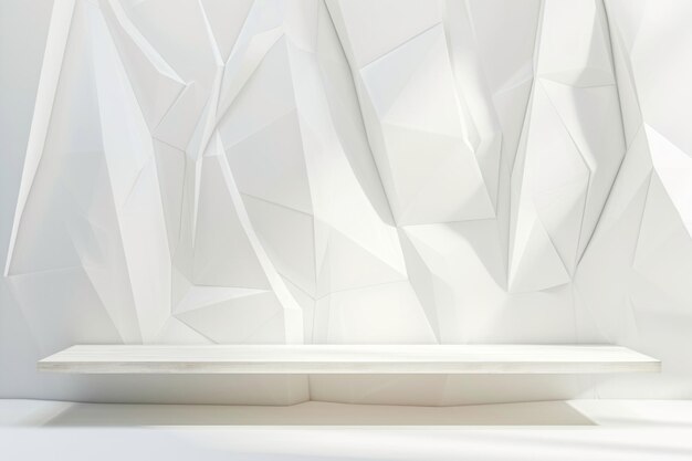 Elegant futuristic setting with soft lighting featuring a white abstract background and a wooden shelf on stage