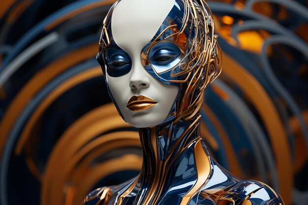 Elegant futuristic shiny woman Orange and blue color