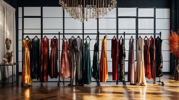 elegant garment collection hanging in modern boutique