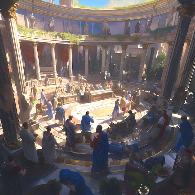 Photo elegant gathering in ancient roman forum stock image