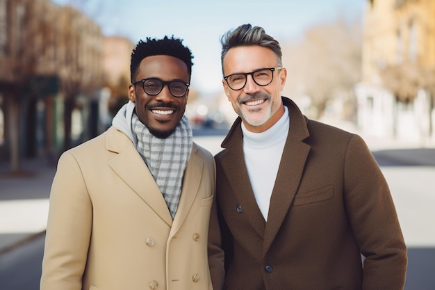 Photo elegant gay couple on city street lifestyle portrait