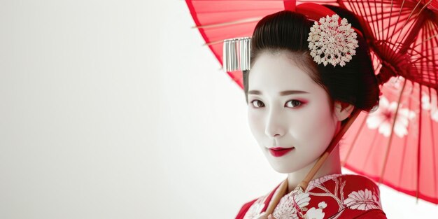 Elegant Geisha with Red Umbrella Traditional Japanese Cultural Fashion