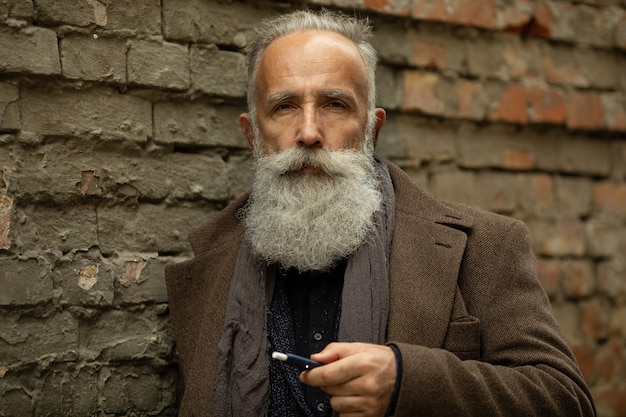 Elegant gentleman with long beard smoking outdoor.