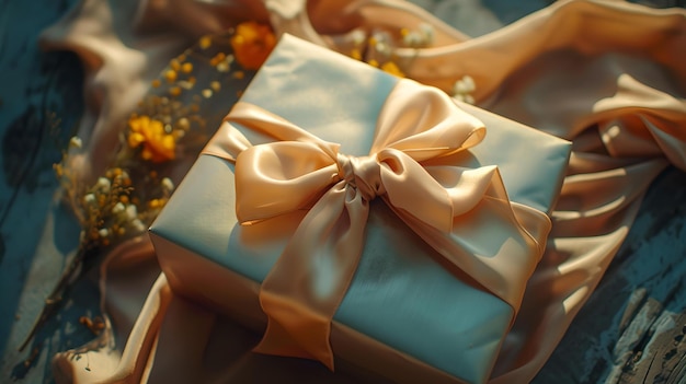 Elegant gift box adorned with a satin bow luxurious present perfect for special occasions soft warm tones convey a feeling of care and attention AI