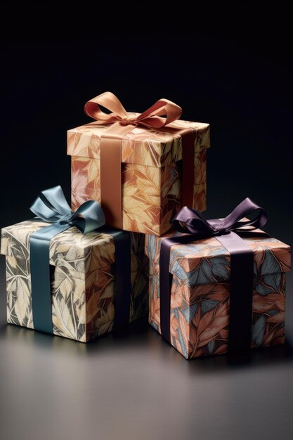 Elegant gift boxes wrapped in festive paper created with generative ai