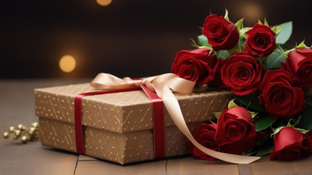 Elegant Gift and Red Roses on Table