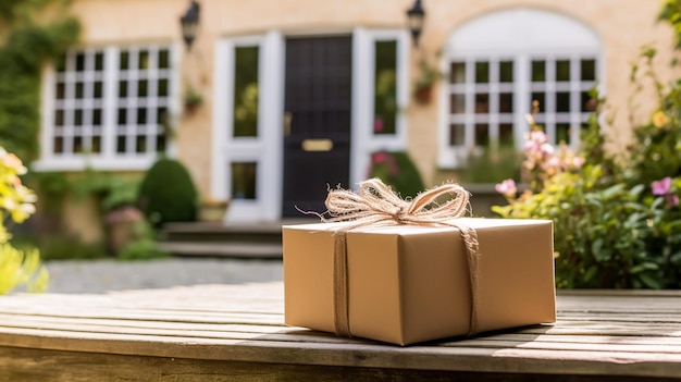 Photo elegant gift shop delivery postal service and luxury online shopping parcel box with a bow on a house doorstep in the countryside generative ai