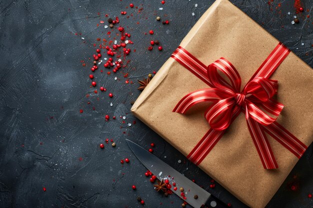 Elegant Gift Wrapped in Brown Paper with Shiny Red Ribbon and Heart Confetti on Dark Textured