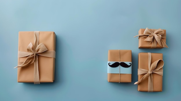 Elegant Gift Wrapped with a Mustache Emblem and Blue Ribbon on a Blue Background