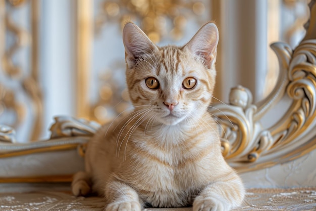 우아 한 진저 타비 고양이 가 화려 한 황금 장식 을 가진 사치 스러운 방 에서 왕처럼 앉아 있다
