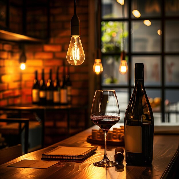 Elegant glas rode wijn met flessen en kurkentrekker op een rustieke tafel Ideaal voor dineren en wijn proeven