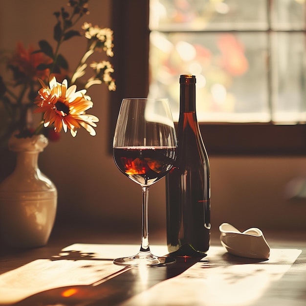 Elegant glas rode wijn met flessen en kurkentrekker op een rustieke tafel Ideaal voor dineren en wijn proeven