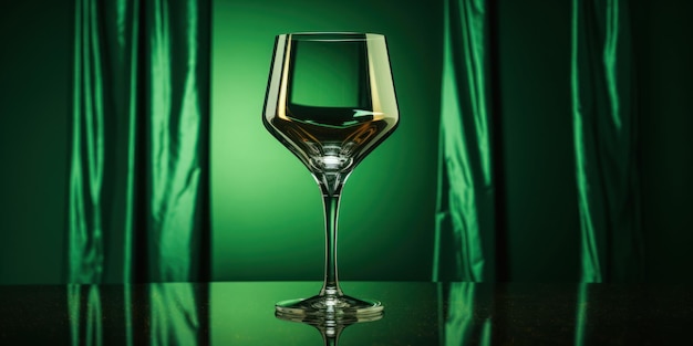 Elegant glas witte wijn op een houten tafel in contrast met een weelderig groen gordijn op de achtergrond AI generatief