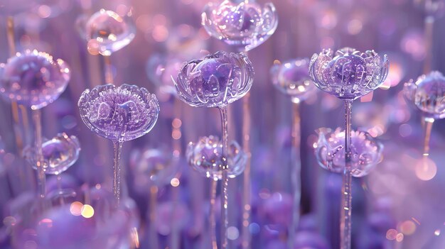 Фото Элегантные стеклянные цветы с красивым фоном боке в оттенках фиолета