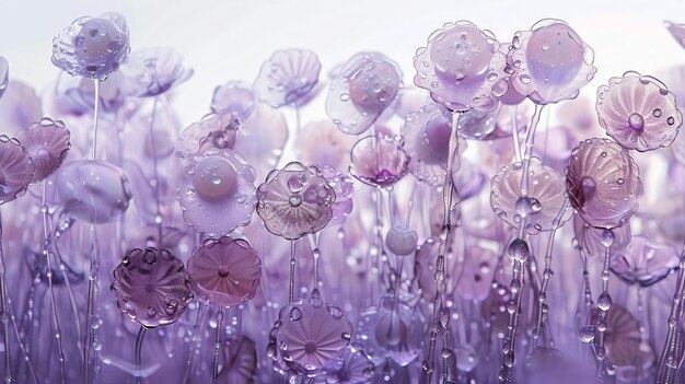 Elegant glass flowers with dew drops 3D rendering