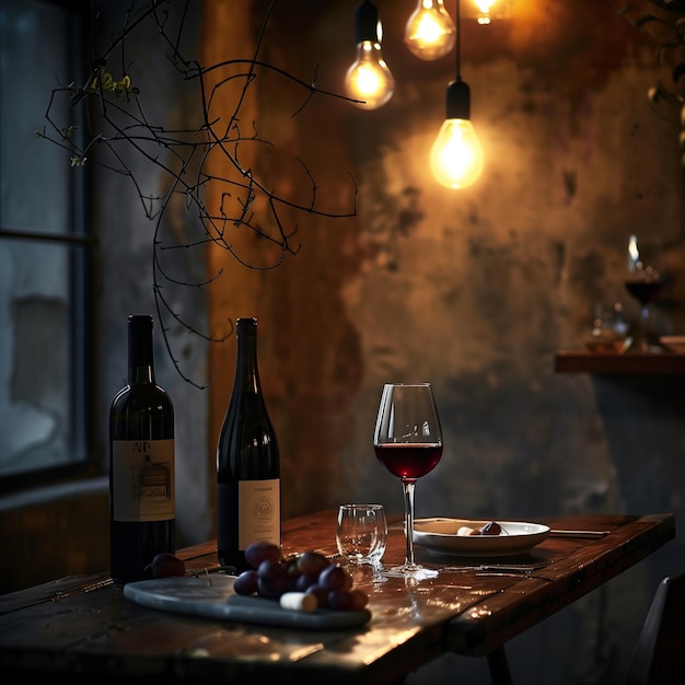 Elegant Glass of Red Wine with Bottles and Corkscrew on Rustic Table Ideal for Dining and WineTastin