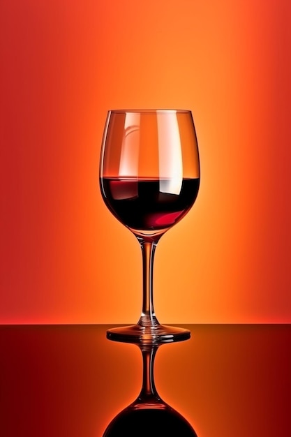 Foto elegante bicchiere di vino rosso con riflesso su uno sfondo arancione
