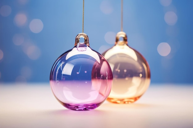 Elegant glass transparent Christmas ornaments in pink and gold colour bokeh winter holidays concept