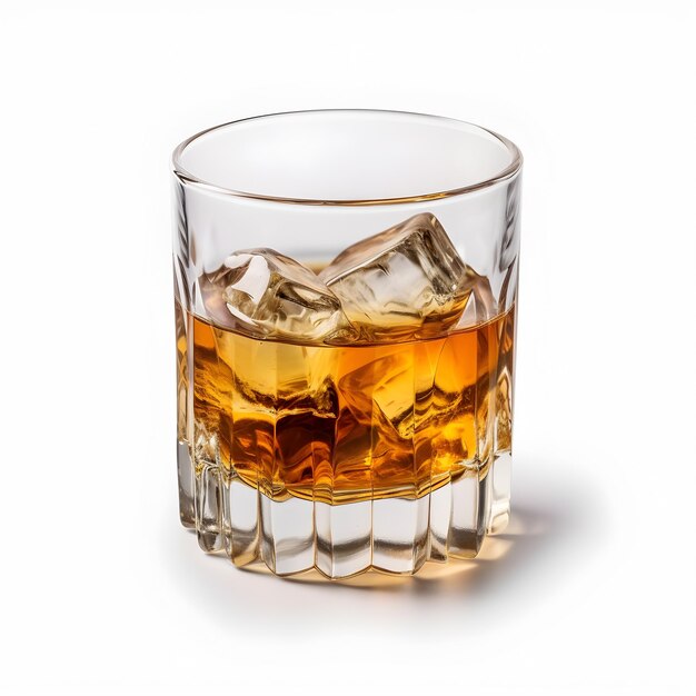 Elegant glass of whiskey with ice cubes isolated on white background