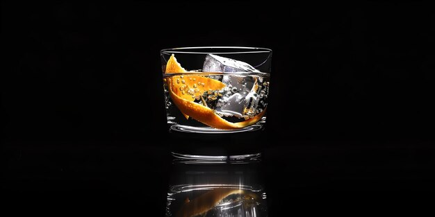 Foto elegante bicchiere di whisky con ghiaccio e buccia d'arancia su sfondo nero classic cocktail presentation perfetto per bar e bevande ai