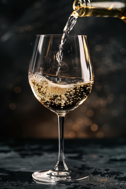 an elegant glass of white wine being poured against a dark bar background