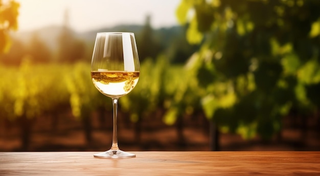 Elegant glass of white wine on blurre background with wine grapes in winery Young wine Generative AI