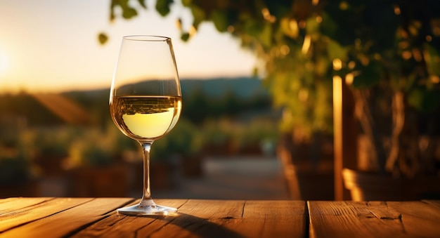 Elegant glass of white wine on blurre background with wine grapes in winery Young wine Generative AI